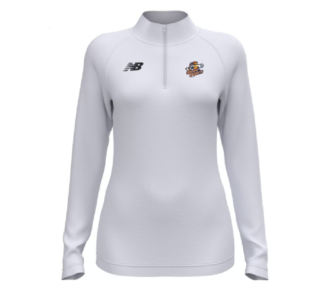 25-26 Women's New Balance White Athletic Half Zip Primary Logo